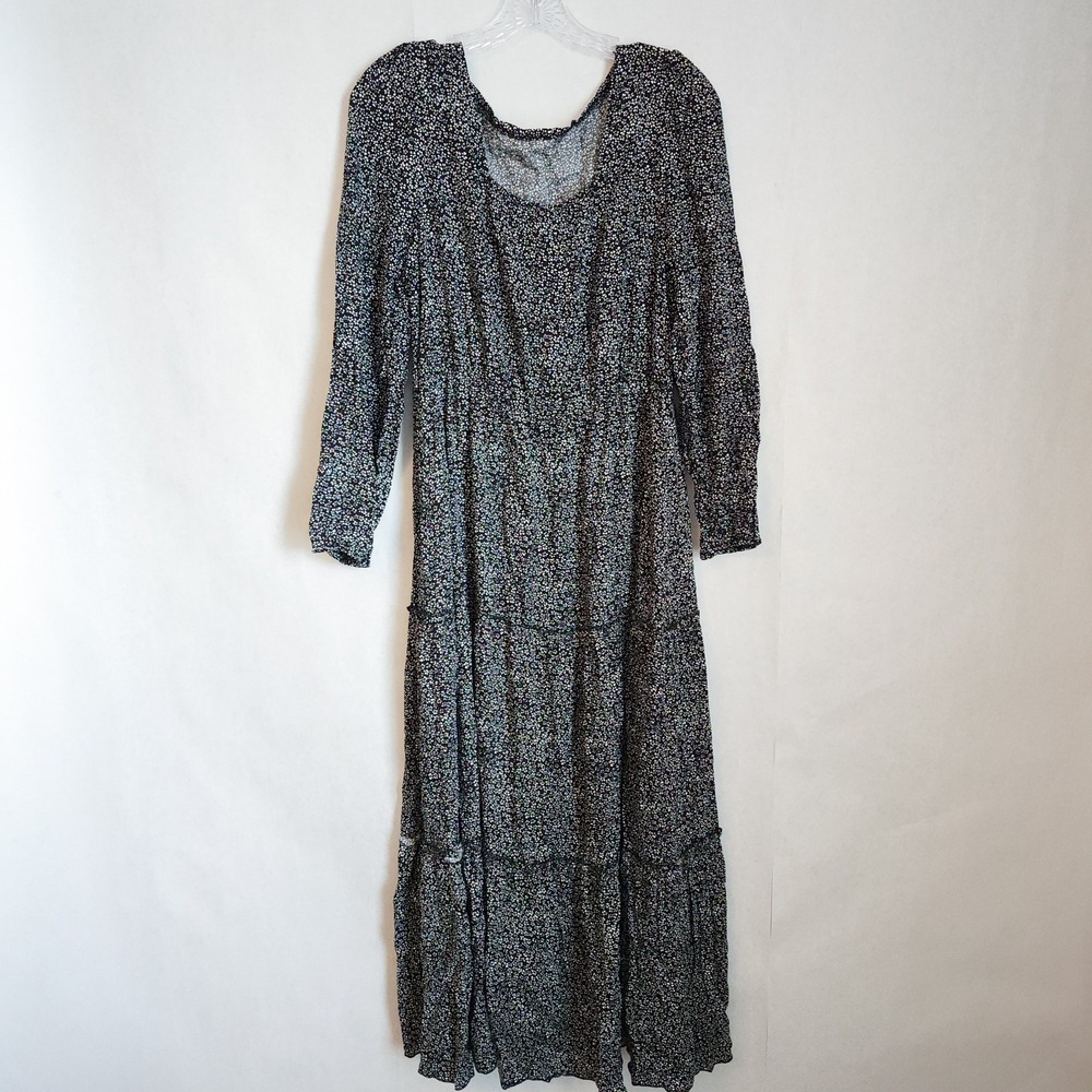 Ruffle Tiered‎ Maxi Dress Black Floral Cottagecore Peasant Witchy XL 100% Cotton